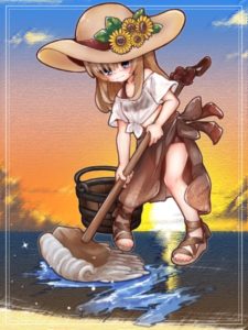向日葵の飾りのついた大きな麦わら帽子をかぶった茶髪の女の子が水着の上からパレオとTシャツを着た姿でモップで恥ずかしそうに床掃除しているイラスト。
