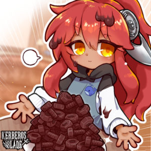赤髪の少女が山盛りのナットやネジの形のチョコを前にしてドヤっとしているイラスト。