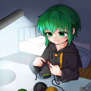 緑髪の少女が殺風景な薄暗い部屋でテーブルの照明の下手袋を編んでいるイラスト。