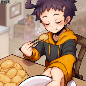 幸せそうな顔でコロッケを食べながらお皿を差し出している男の子のイラスト。