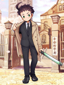 左手に棒状の武器を持ち、スーツの上からきているコートを右手でめくりながらこちらを見ている少年のイラスト。