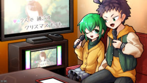 緑のショートヘアの少女と黒髪の少年が仲良く寄り添いながらカラオケでデュエットをしているイラスト。