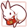 ウサギのイラスト。紅白のしめ縄の前掛けを首に着けており、前掛けには「福」の文字がある。